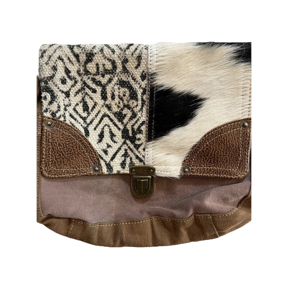 Myra Bag Mixed Upcycled Canvas & Cowhide Leather Messenger Rodeo Cowgirl Boho